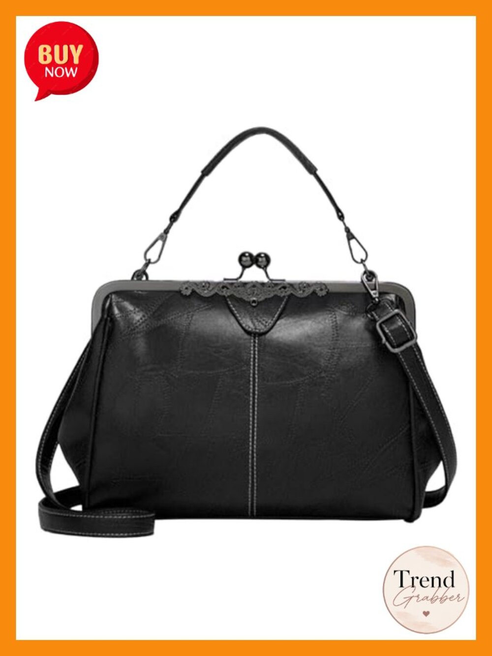 Faux Leather Crossbody Satchel Kiss Lock Vintage Purse